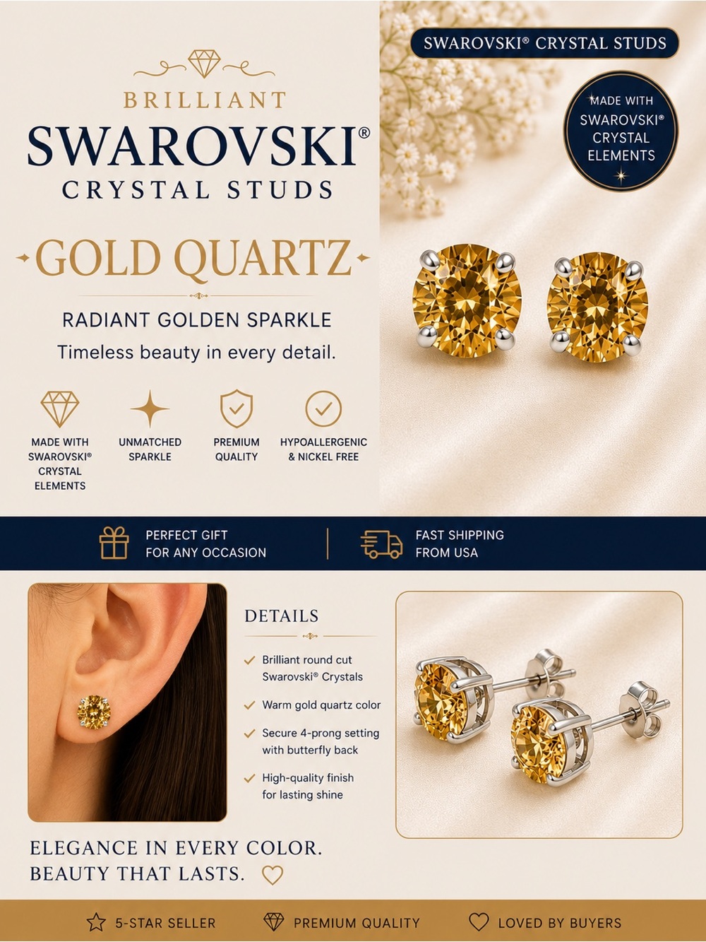 Gold Quartz Round Crystal Stud Earrings - Classic Sparkle